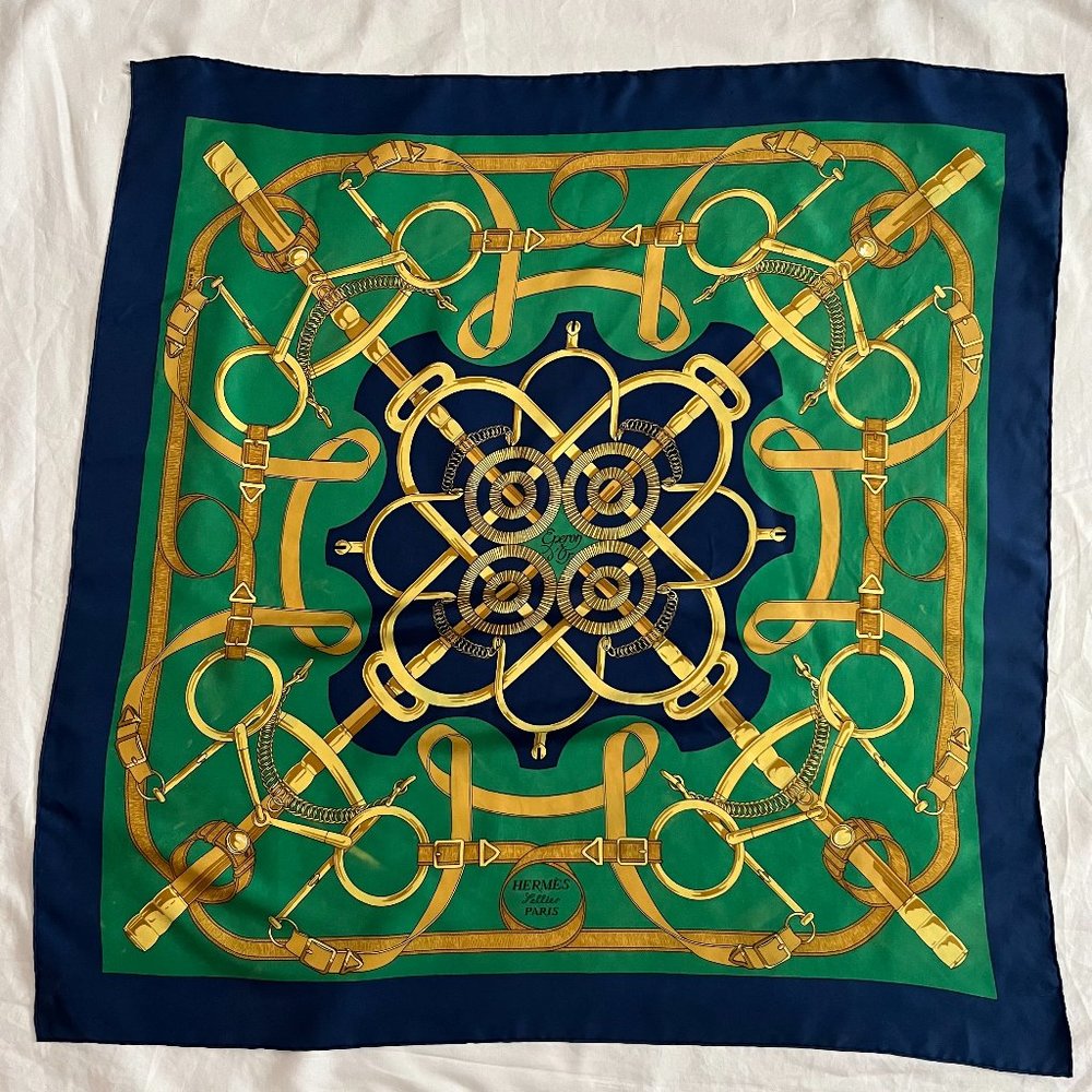 HERMES Carre 90 Scarf "Eperon D’Or" blue/green multicolor scheme, silk